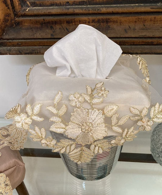 Silk Tissue Box Cover (White Floral)