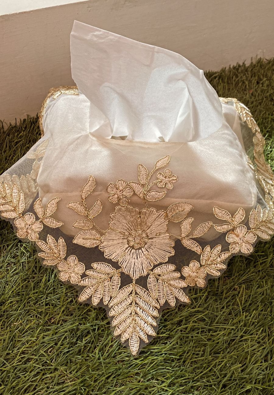 Silk Tissue Box Cover (White Floral)